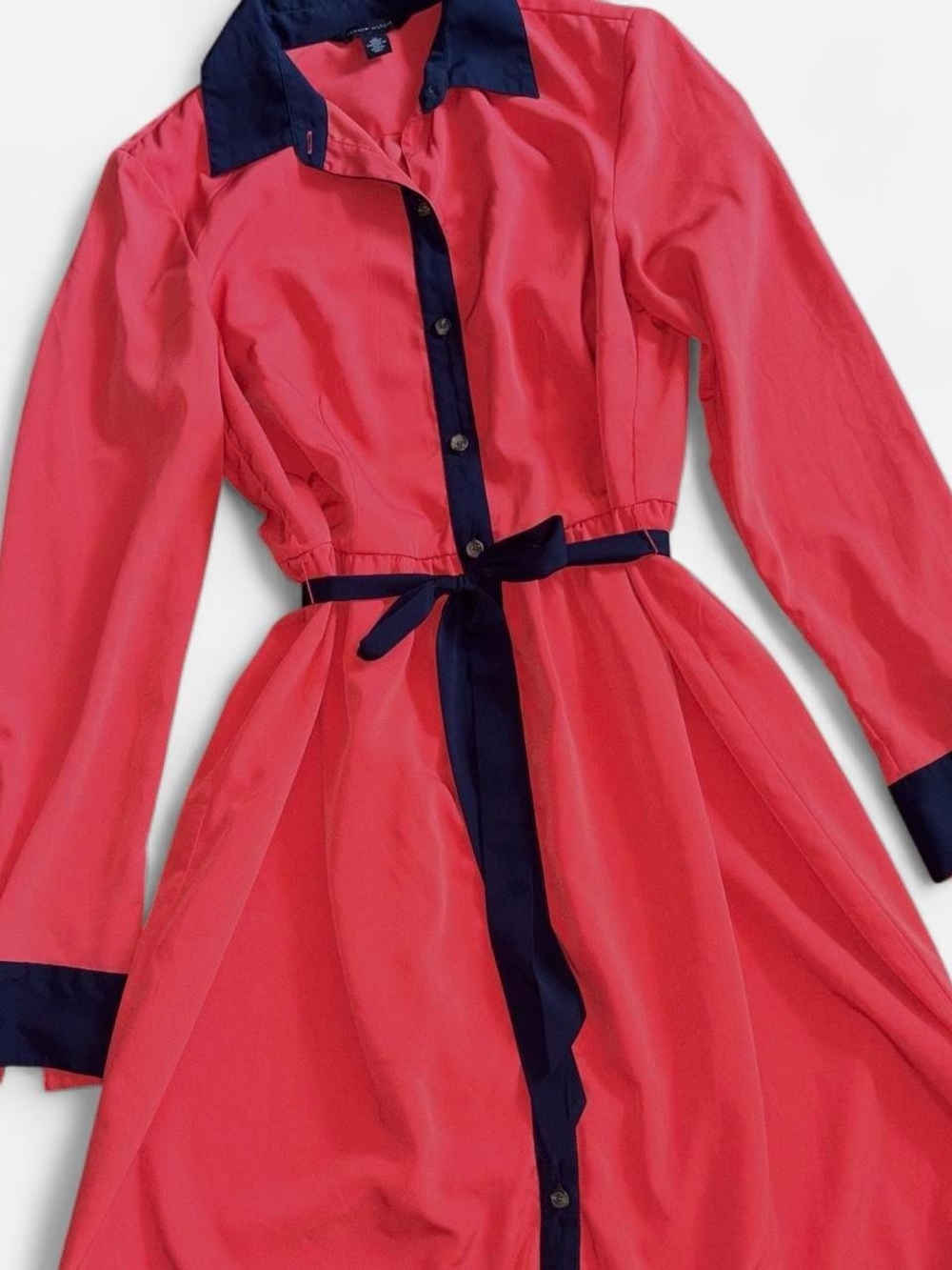 Tommy Hilfiger Pink Red Contrast-Trim Shirt Dress with Tie Waist